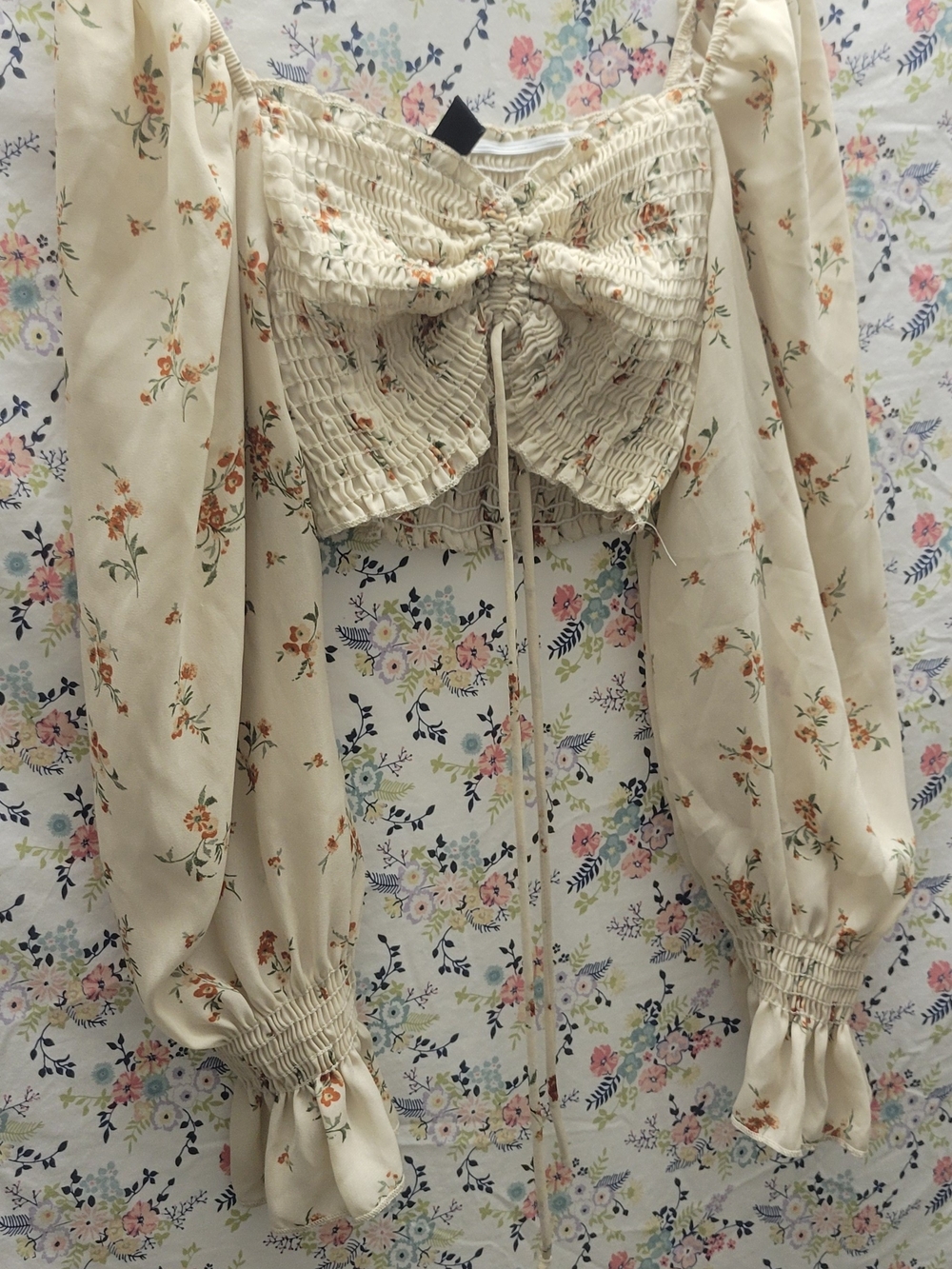 Cream Floral Smocked Tie-Front Blouse